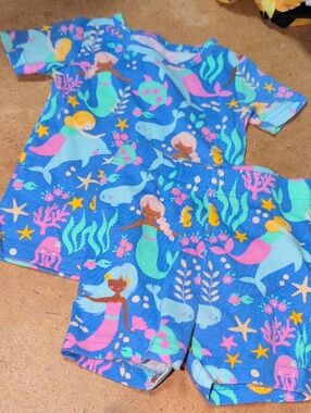 Set Of Baby PJ Place Blue Sea Mermaid Print Shorts Pajamas Size 3-6M